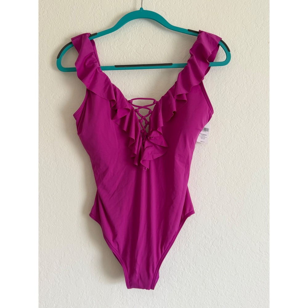 Soma Swim Ruffle Lace Up One Piece Orchid Daze Magenta Swimsuit 570321402 Sz 12